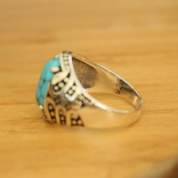 925 Sterling Silver Men's Rings Turquoise Stone - Picture 9 of 9